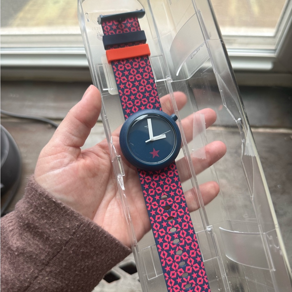 Swatch Pink and Navy Star Pattern Silicone Watch
